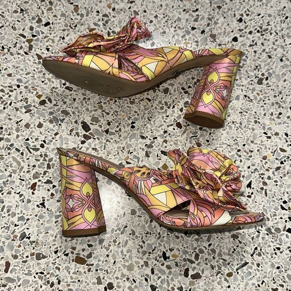 Gianni Bini pink yellow Kelly print Pucci bow sandal heel 6 Dillards - Picture 5 of 7